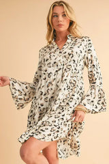 Black Leopard Button V Neck Flowy Mini Dress - Femstylo