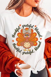 White Thanksgiving Cute Turkey Heat Transfer Printing Cotton Blend T Shirt