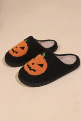 Black Halloween Pumpkin Print Plush Slippers - Femstylo