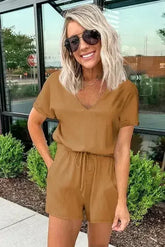 Casual Brown Short Sleeve Pocketed Knit Romper - Femstylo
