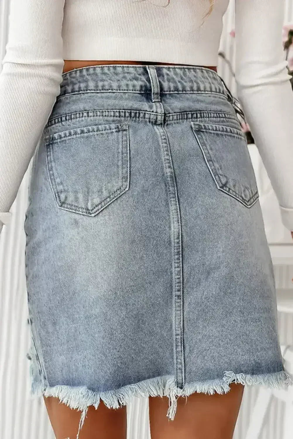 Beau Blue Shimmer Heart Pattern Distressed Denim Mini Skirt - Femstylo