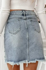 Beau Blue Shimmer Heart Pattern Distressed Denim Mini Skirt - Femstylo