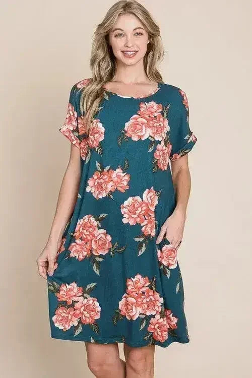BOMBOM Floral Round Neck Short Tee Dress with Pockets - Femstylo