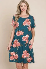 BOMBOM Floral Round Neck Short Tee Dress with Pockets - Femstylo