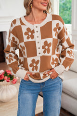 Thai Curry Flower Colorblock Checkered Henley Sweater