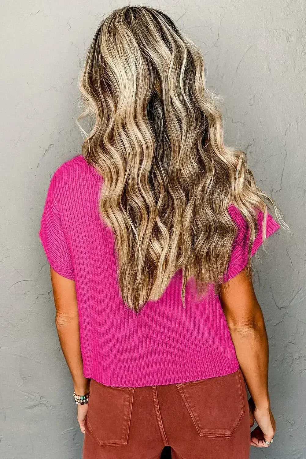 Mineral Red Patch Pocket Ribbed Knit Short Sleeve Sweater - Femstylo