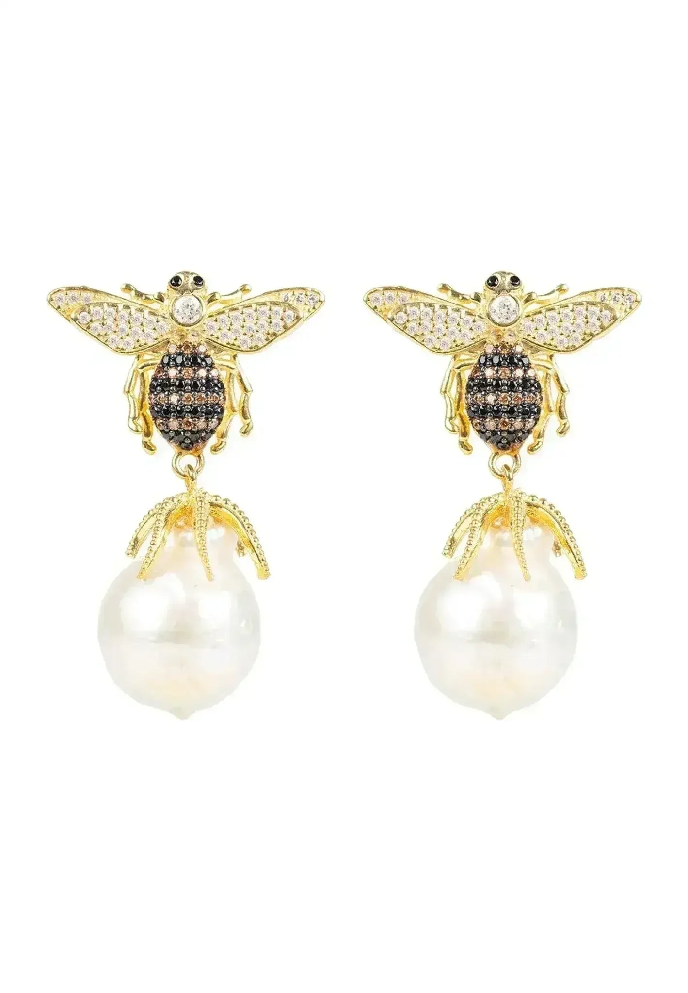 Baroque Pearl Honey Bee Drop Earrings Gold - Femstylo