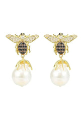 Baroque Pearl Honey Bee Drop Earrings Gold - Femstylo
