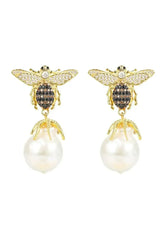 Baroque Pearl Honey Bee Drop Earrings Gold - Femstylo