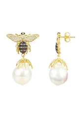 Baroque Pearl Honey Bee Drop Earrings Gold - Femstylo