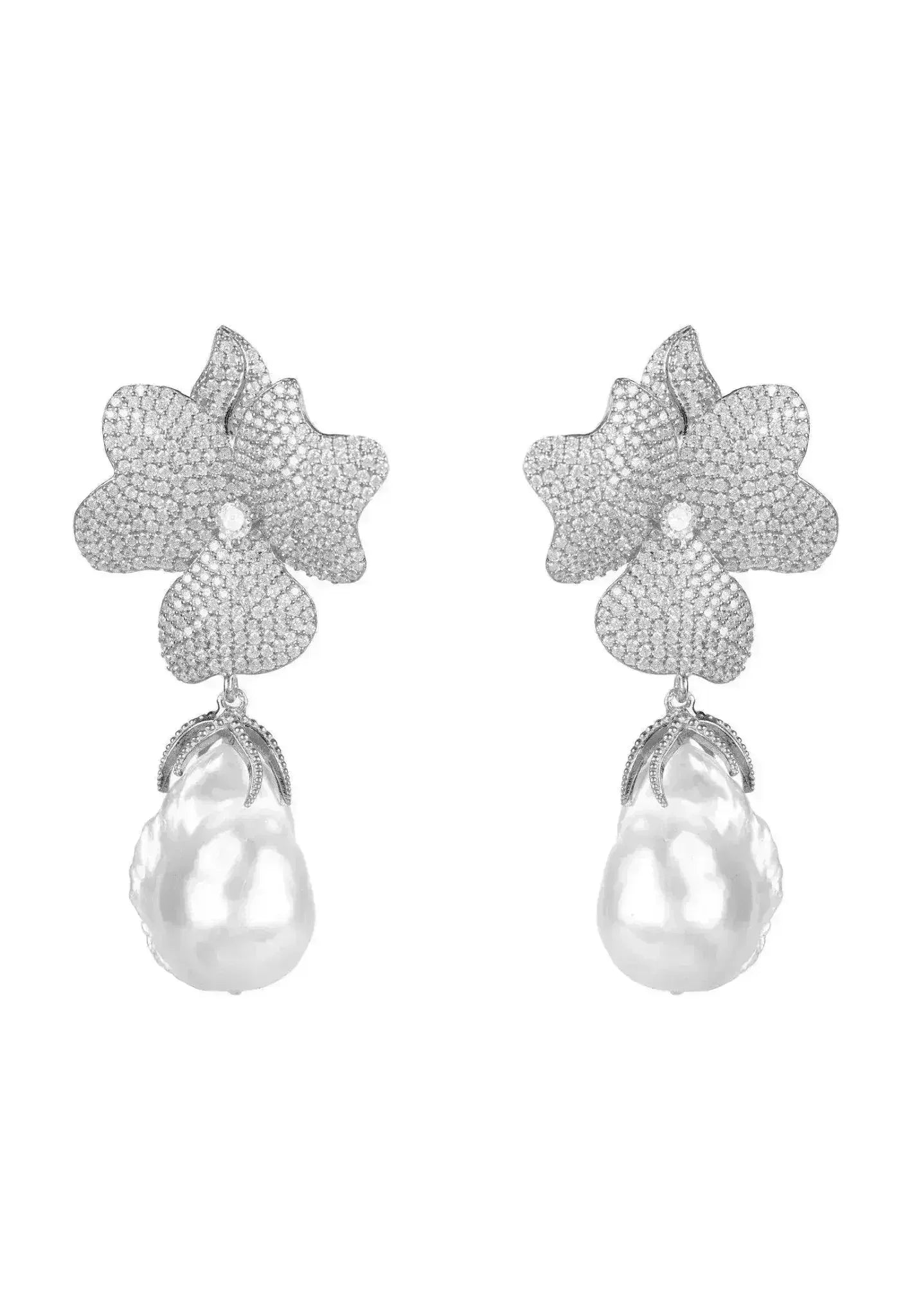 Baroque Pearl White Flower Drop Earring Silver - Femstylo