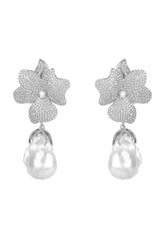 Baroque Pearl White Flower Drop Earring Silver - Femstylo