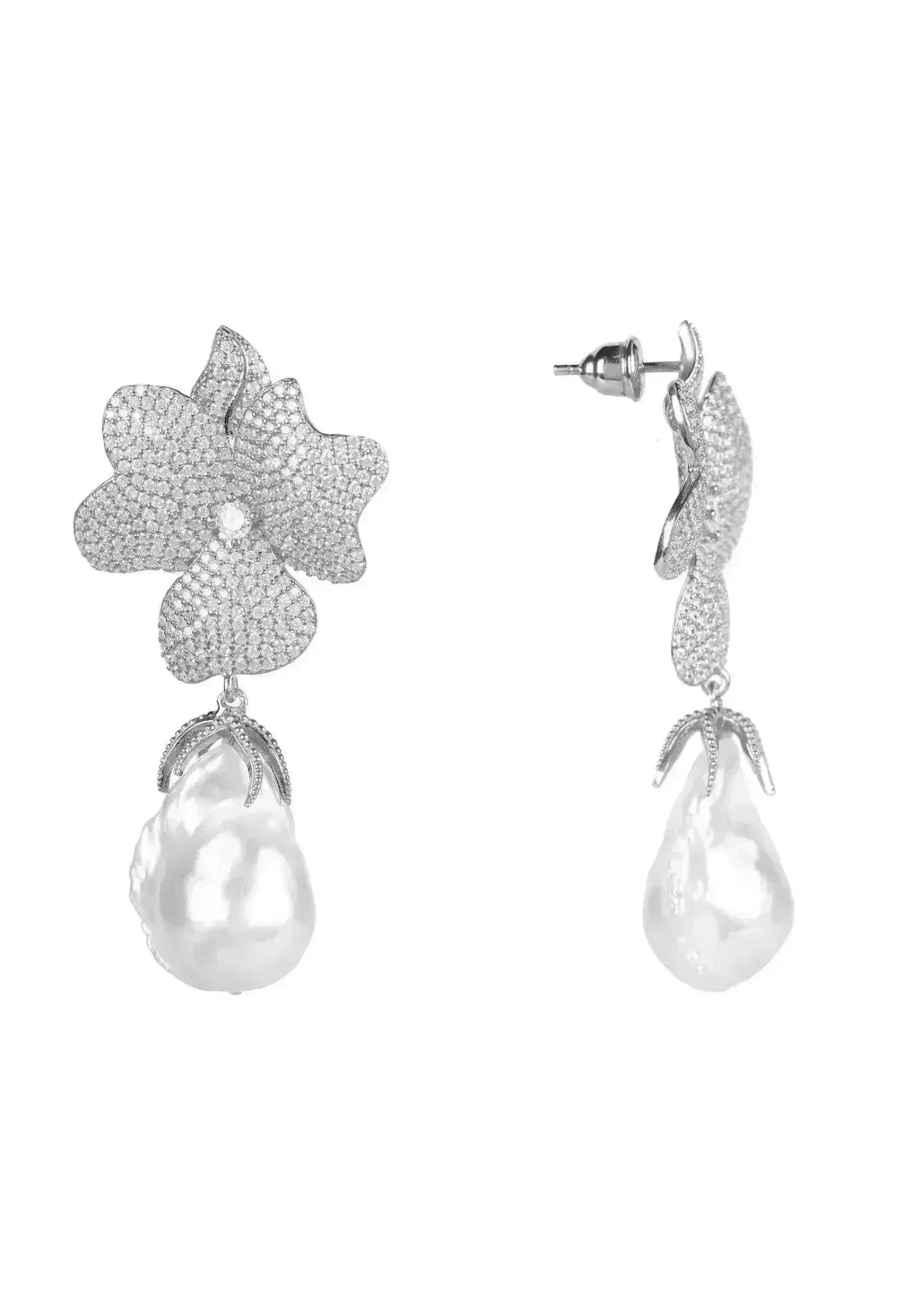 Baroque Pearl White Flower Drop Earring Silver - Femstylo