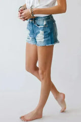 Distressed Mid Rise Frayed Hem Denim Shorts - Femstylo