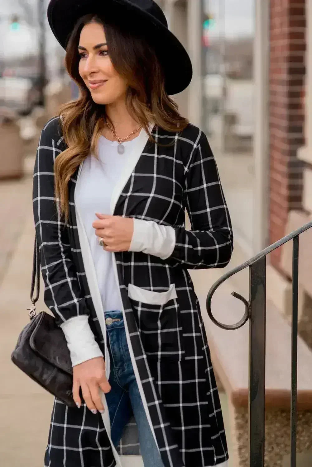 Black Plaid Colorblock Edge Open Cardigan with Pocket - Femstylo