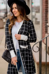 Black Plaid Colorblock Edge Open Cardigan with Pocket - Femstylo