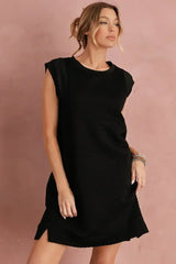 Black Textured Cap Sleeve T Shirt Shift Mini Dress - Femstylo