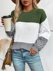 Color Block Round Neck Long Sleeve Sweater - Femstylo