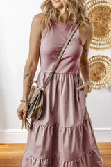Sepia Rose Ribbed Vest Patchwork Tiered Midi Dress - Femstylo