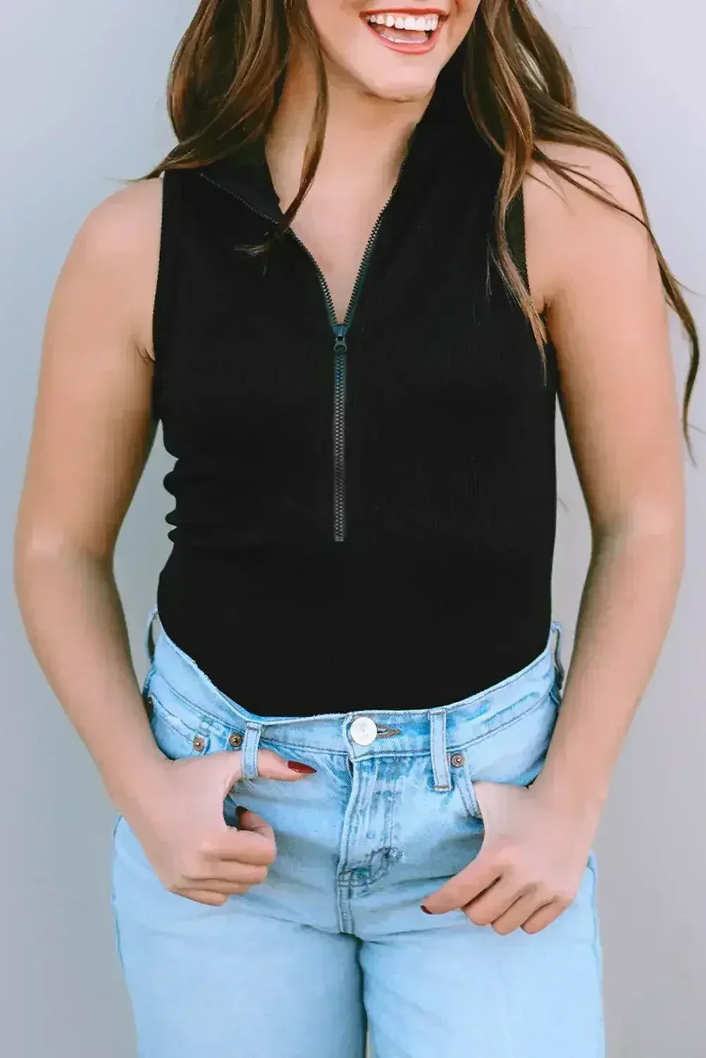 Black Zip Up Mock Neck Ribbed Sleeveless Bodysuit - Femstylo