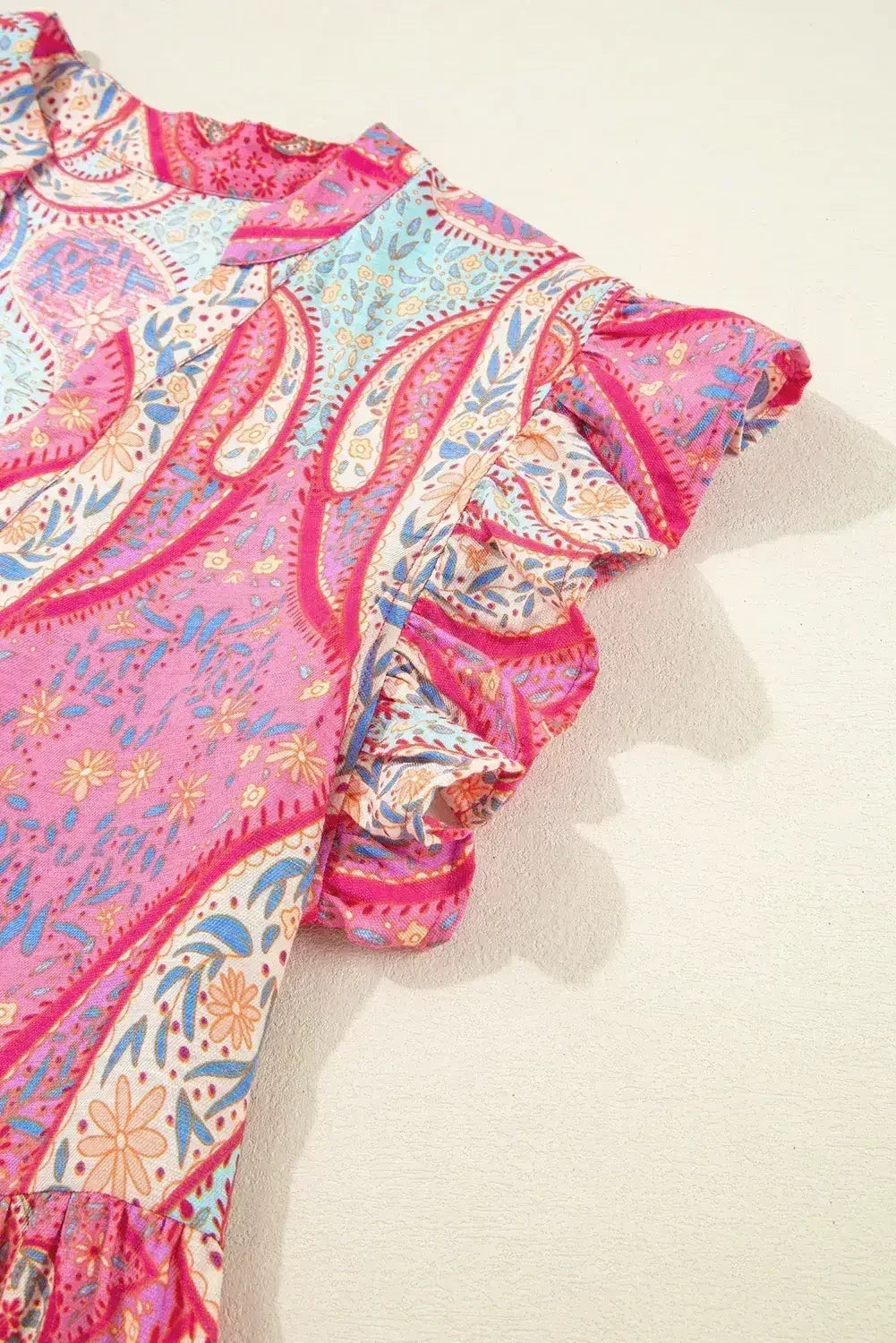 Rose Ethnic Paisley Print Ruffle Sleeve Notch Neck Midi Dress - Femstylo