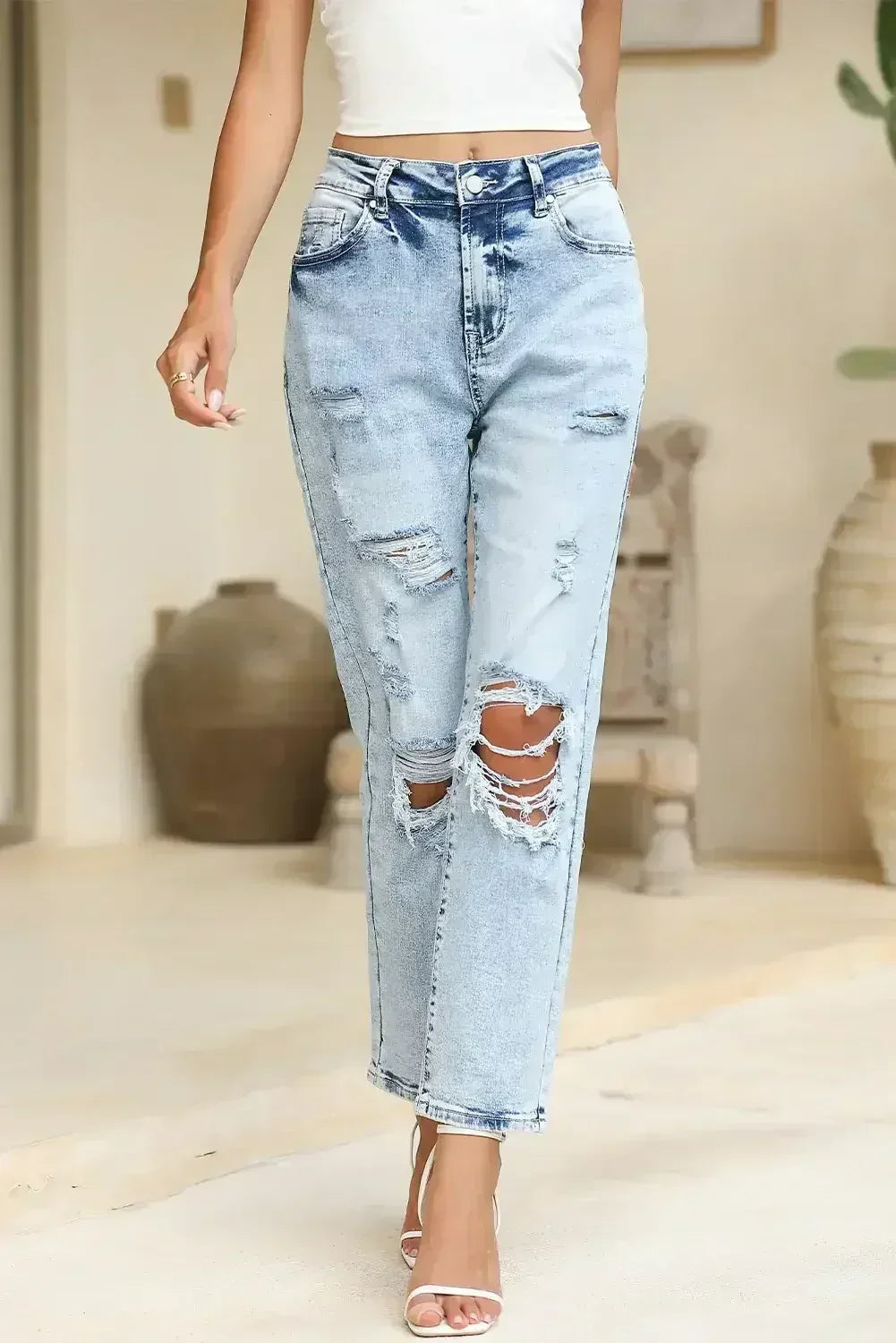 Sky Blue Light Wash Frayed Slim Fit High Waist Jeans - Femstylo
