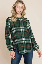BOMBOM Curved Hem Plaid Round Neck Long Sleeve Top - Femstylo