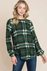 BOMBOM Curved Hem Plaid Round Neck Long Sleeve Top - Femstylo