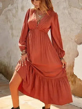 Ruched V-Neck Long Sleeve Midi Dress - Femstylo