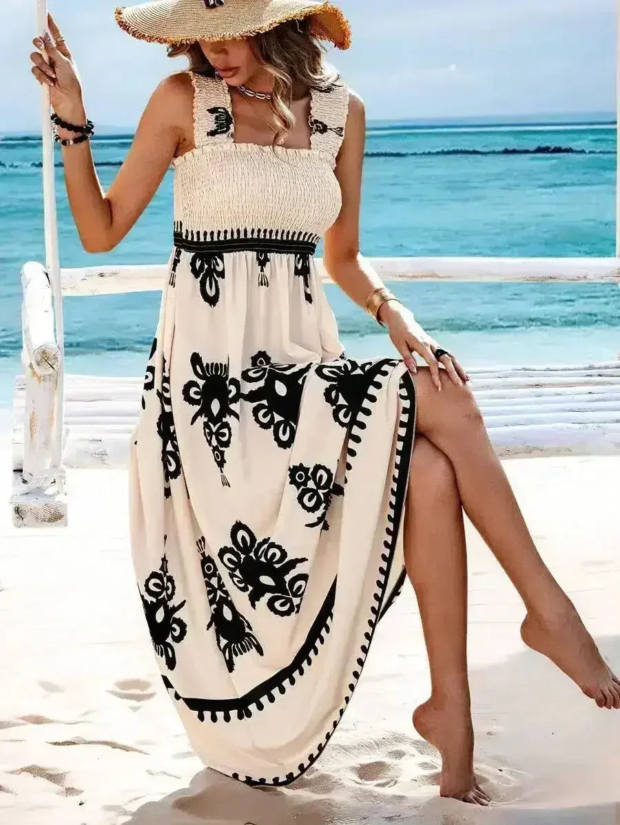 Black Boho Print Smocked Ruffle Sleeveless Maxi Dress - Femstylo
