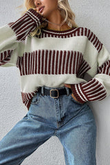 Brown Two Tone Striped Patchwork Drop Shoulder Sweater