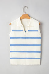 Sky Blue Striped Split V Neck Collared Ribbed Knit Vest