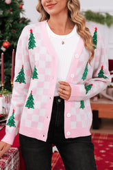 Pink Checkered Christmas Tree Pattern Button V Neck Knit Cardigan