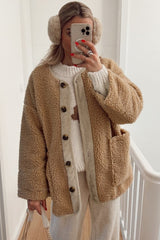 Light French Beige Puffy Plush Corduroy Edge Patchwork Jacket with Big Pockets