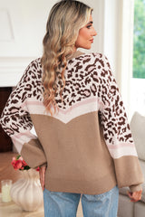 Straw Yellow Leopard Colorblock Patchwork Round Neck Sweater