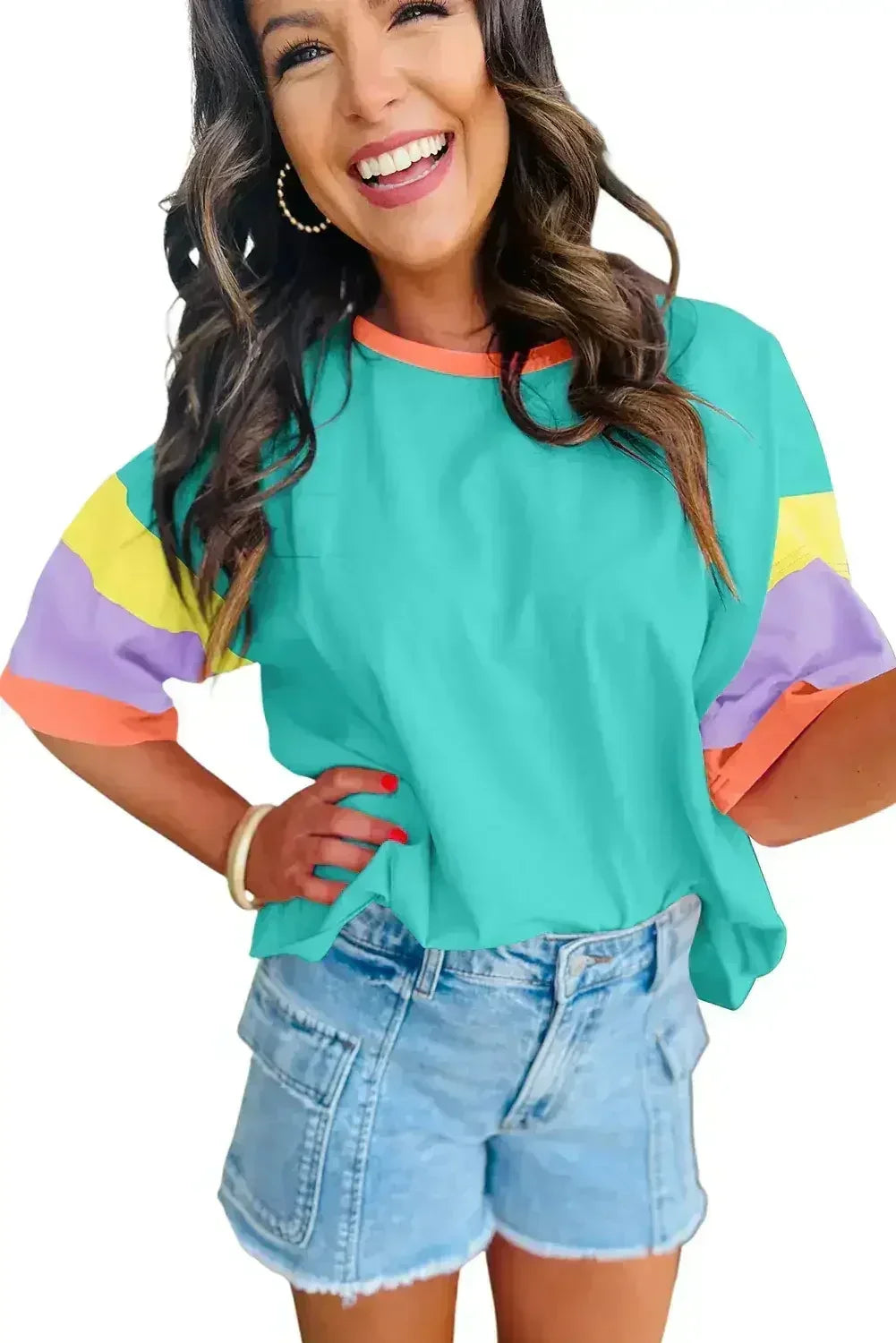 Light Blue Color Block Sleeve Round Neck Oversize Top - Femstylo