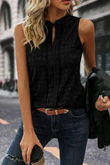 Black Lattice Textured Split Neck Tank Top - Femstylo