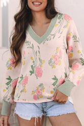 Pink Floral Striped Colorblock V Neck Loose Sweater