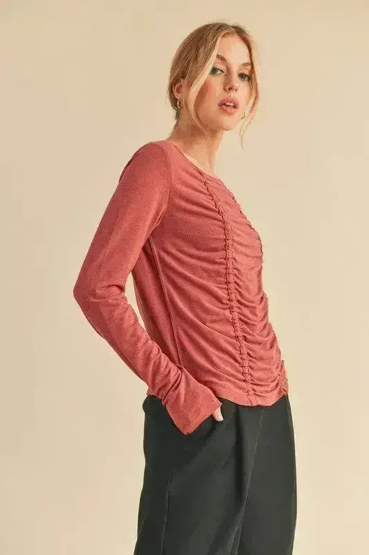 Ruched Front Long Sleeve T-Shirt - Slimming Top | Femstylo - Femstylo