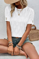 White Embroidered Floral Geometric Button Short Sleeve Top | Femstylo - Femstylo