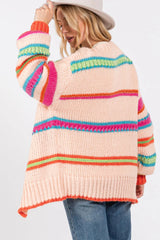 Multicolour Open Front Striped Colorblock Knit Oversize Cardigan