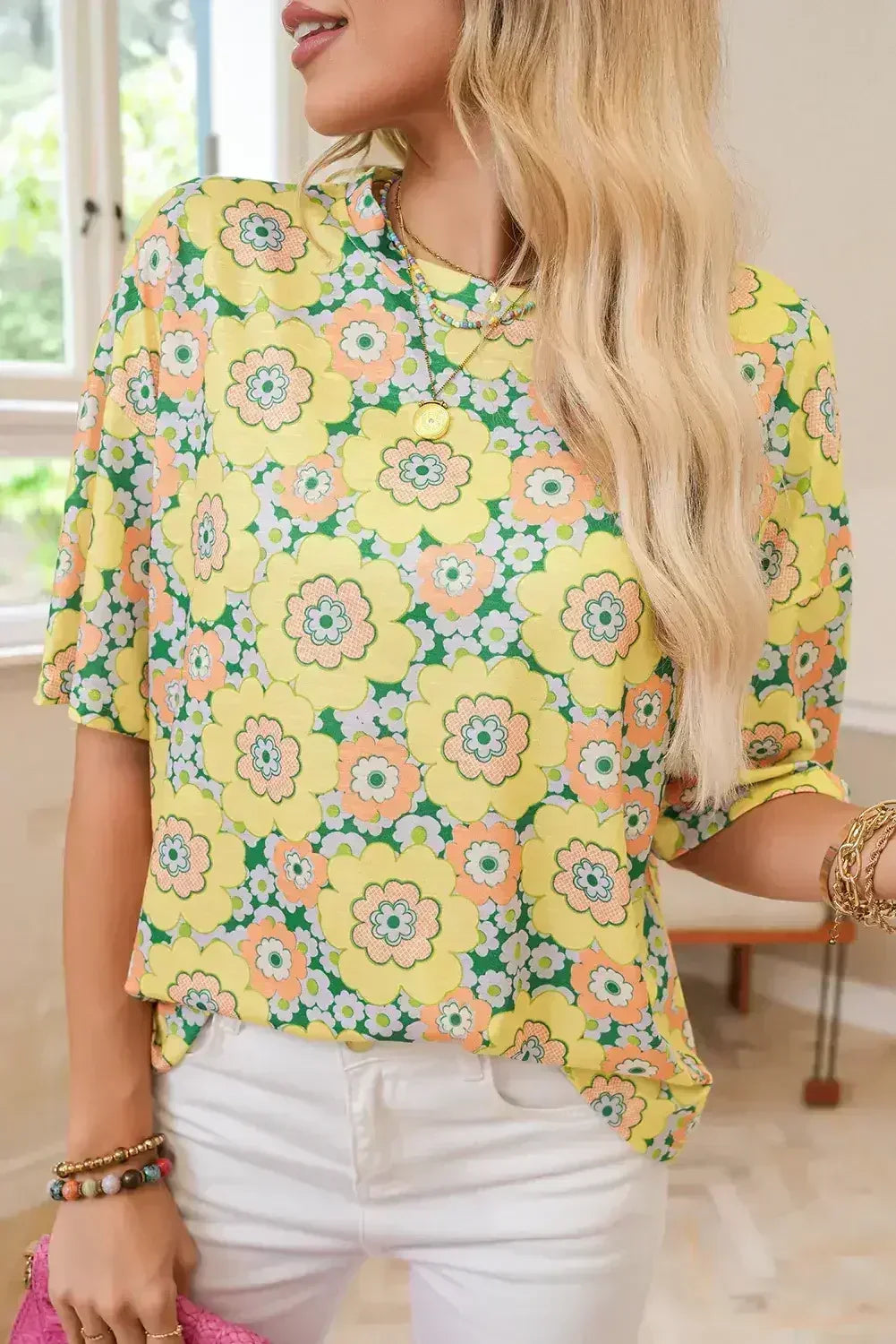 Yellow Summer Flower Print Drop Shoulder Loose T Shirt - Femstylo