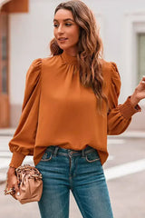 Orange Chiffon Blouse - Bubble Sleeves & Mock Neck | Femstylo - Femstylo