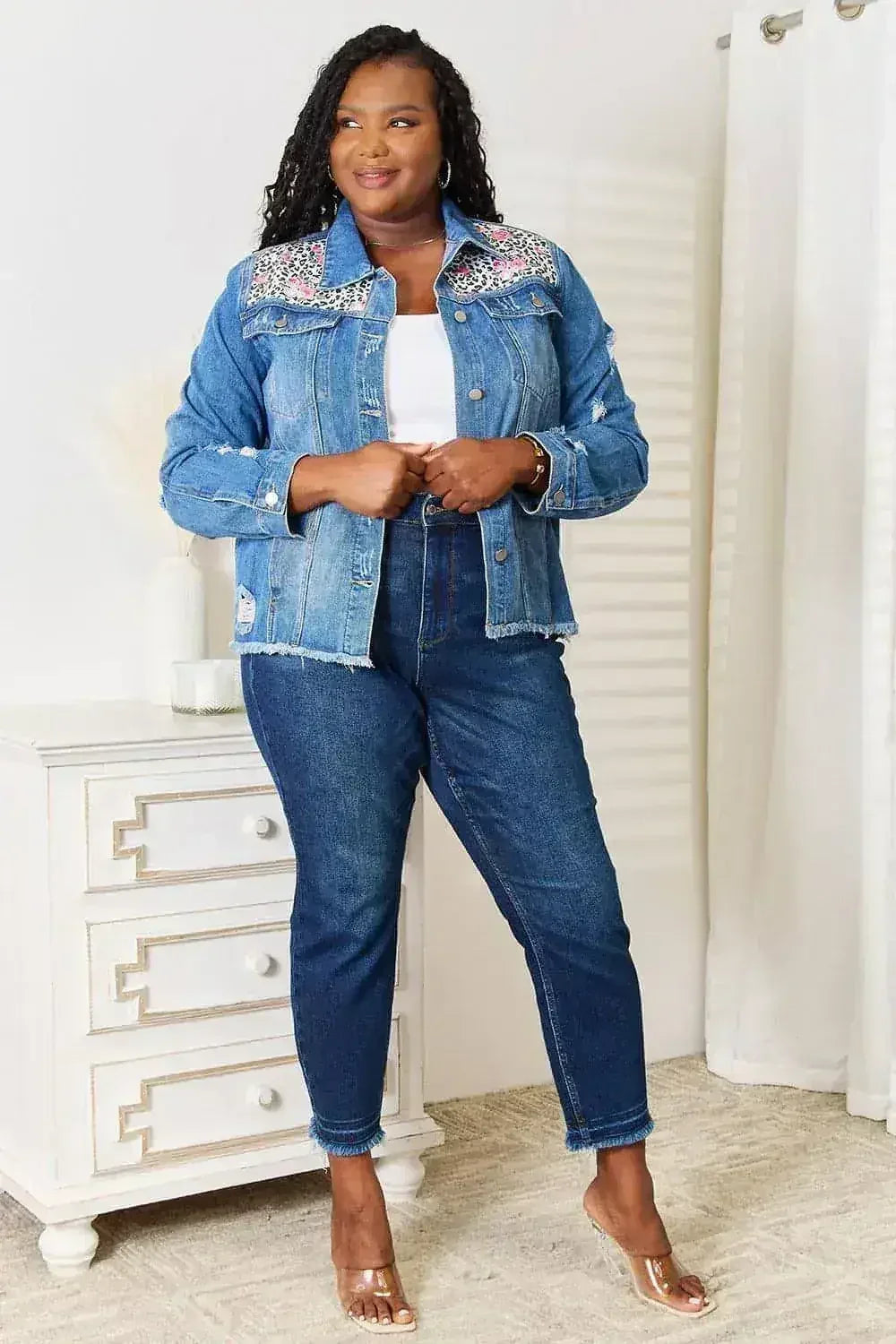 Leopard Floral Denim Jacket - Distressed Raw Hem | Femstylo - Femstylo