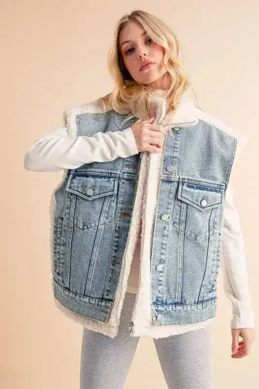 Aemi + Co Fake Two Pieces Denim Patch Sherpa Vest Coat - Femstylo