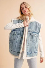 Aemi + Co Fake Two Pieces Denim Patch Sherpa Vest Coat - Femstylo