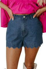 Sail Blue Scalloped Hemline Light Wash Denim Shorts - Femstylo