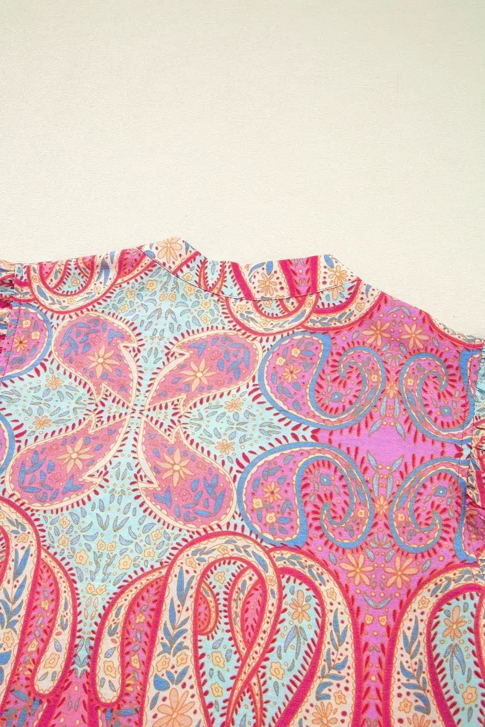 Rose Ethnic Paisley Print Ruffle Sleeve Notch Neck Midi Dress - Femstylo