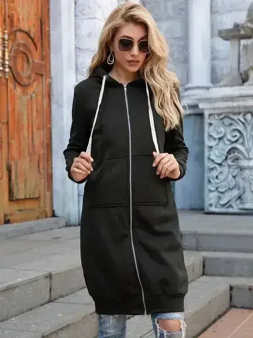 Double Take Full Size Zip-Up Longline Hoodie with Pockets - Femstylo