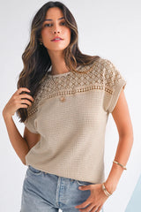 Mist Green Hollow Patchwork Waffle Knit Top